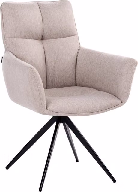 Sedia da pranzo beige con rivestimento in poliestere, gambe in ferro nero, braccioli e base girevole stile moderno per la sala da pranzo.
