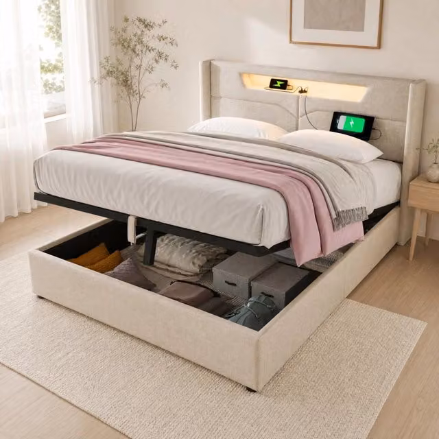Letto matrimoniale 160x200 cm beige in lino, LED e USB Type C con contenitore