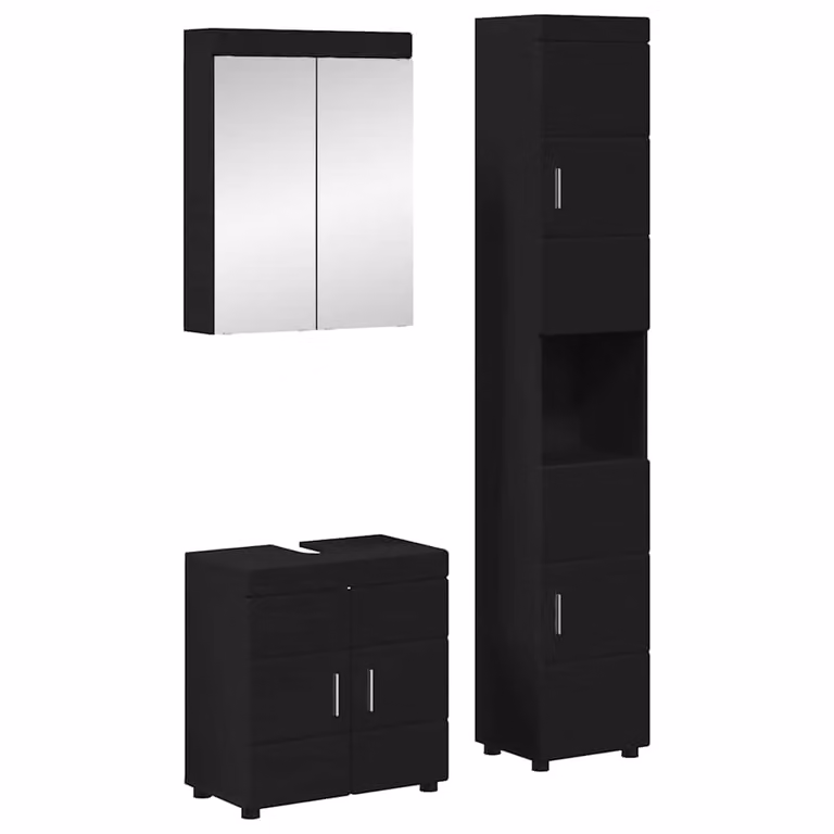 Set di mobili per il bagno TULUM vidaXL in legno nero e argento, composto da 3 pezzi con illuminazione LED, L/P/H: 60 x 34 x 63 cm