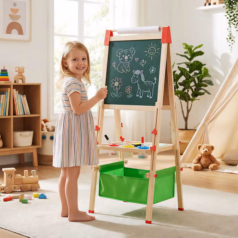 Cavalletto per bambini Costway in legno regolabile in altezza, modello a doppio lato con rotolo di carta sostituibile, Verde
