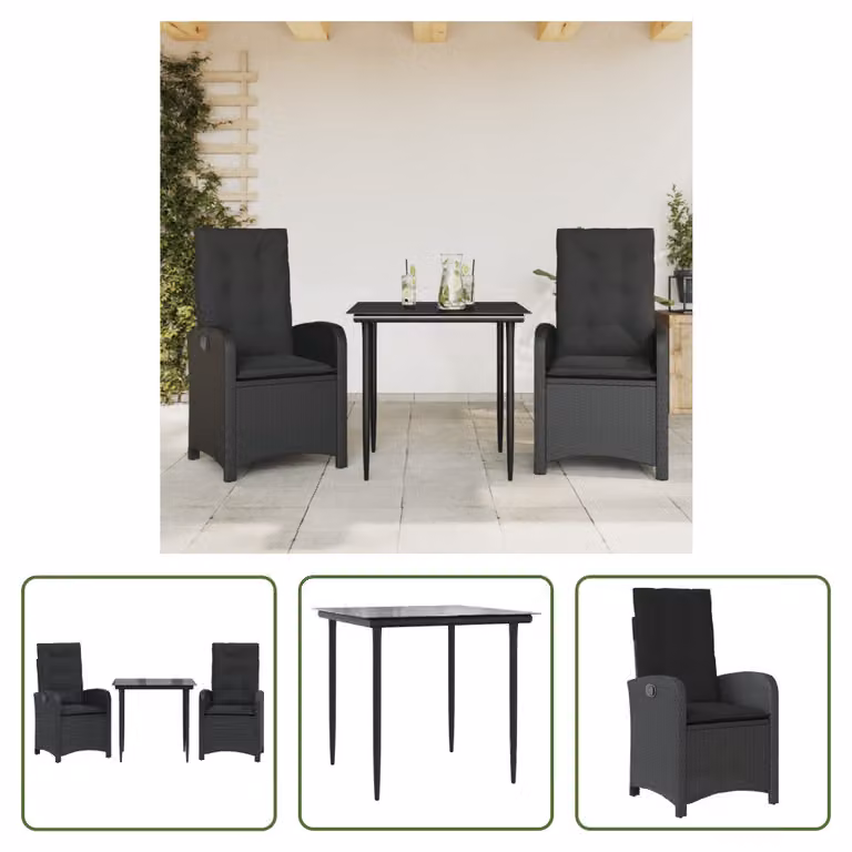 The Living Store Set da pranzo da giardino in 3 pezzi con cuscini in poly rattan nero