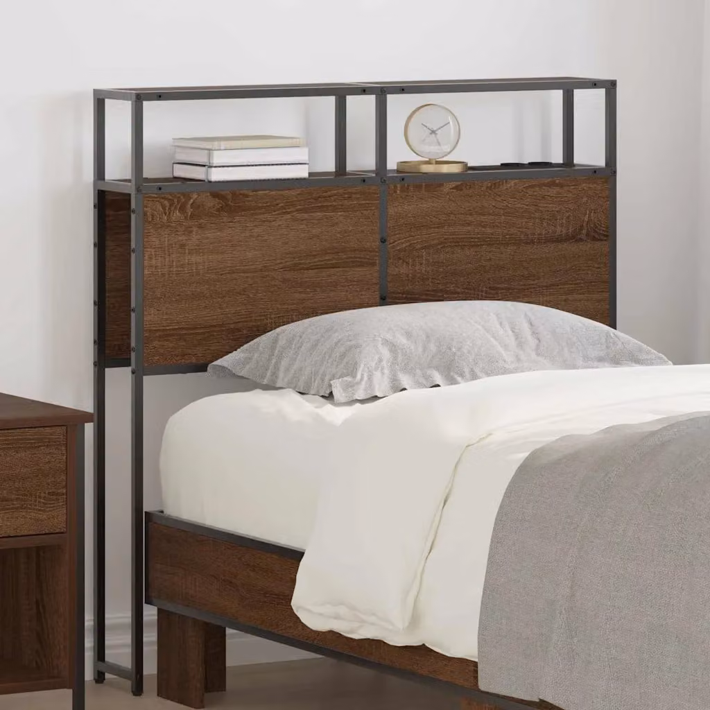 Testata del letto con contenitore vidaXL in legno e metallo marrone con ripiano integrato e porta di ricarica USB