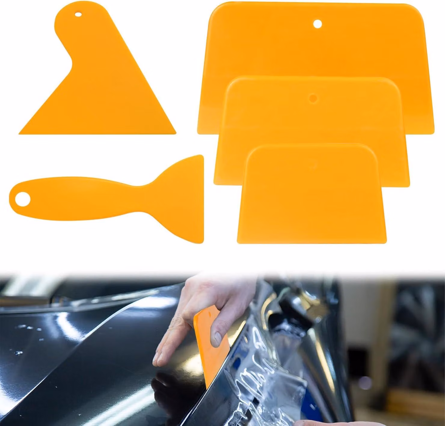Set di 5 spatole, realizzate in plastica flessibile, di diverse dimensioni, adatte per lavori di carrozzeria
