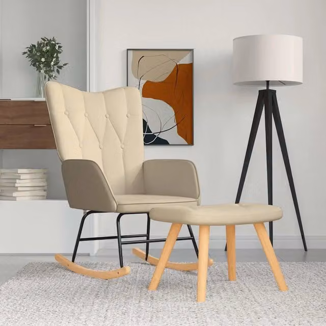 Poltrona a dondolo moderna con poggiapiedi coordinato in tessuto beige e struttura mista per il tuo relax in soggiorno