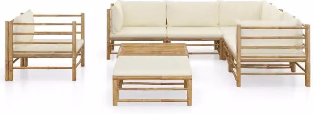 Set da giardino moderno vidaXL composto da 8 pezzi in bambù e rattan con cuscini beige e bianchi
