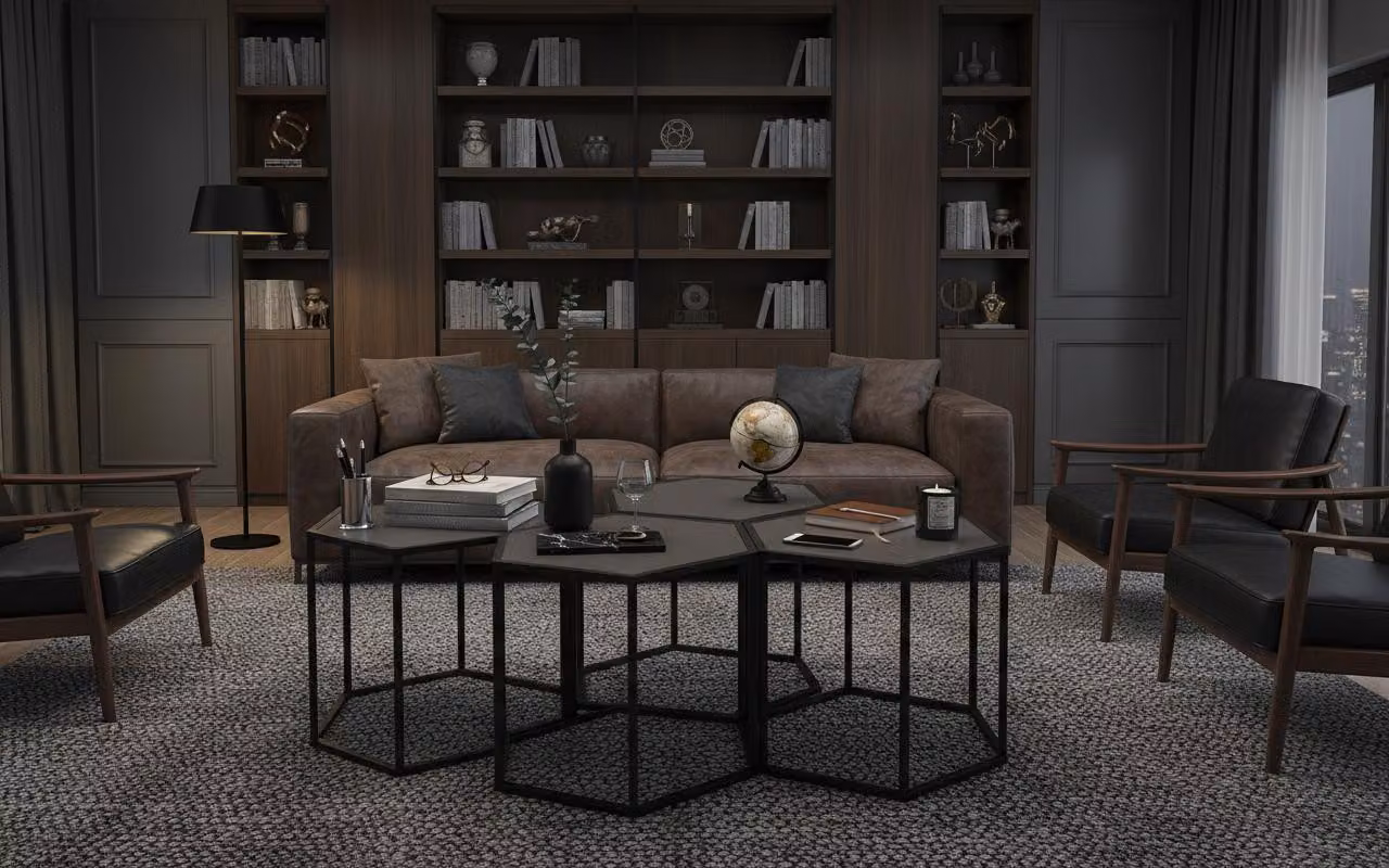 Tavolino da salotto moderno, minimalista, nero, elegante, di classe, confortevole