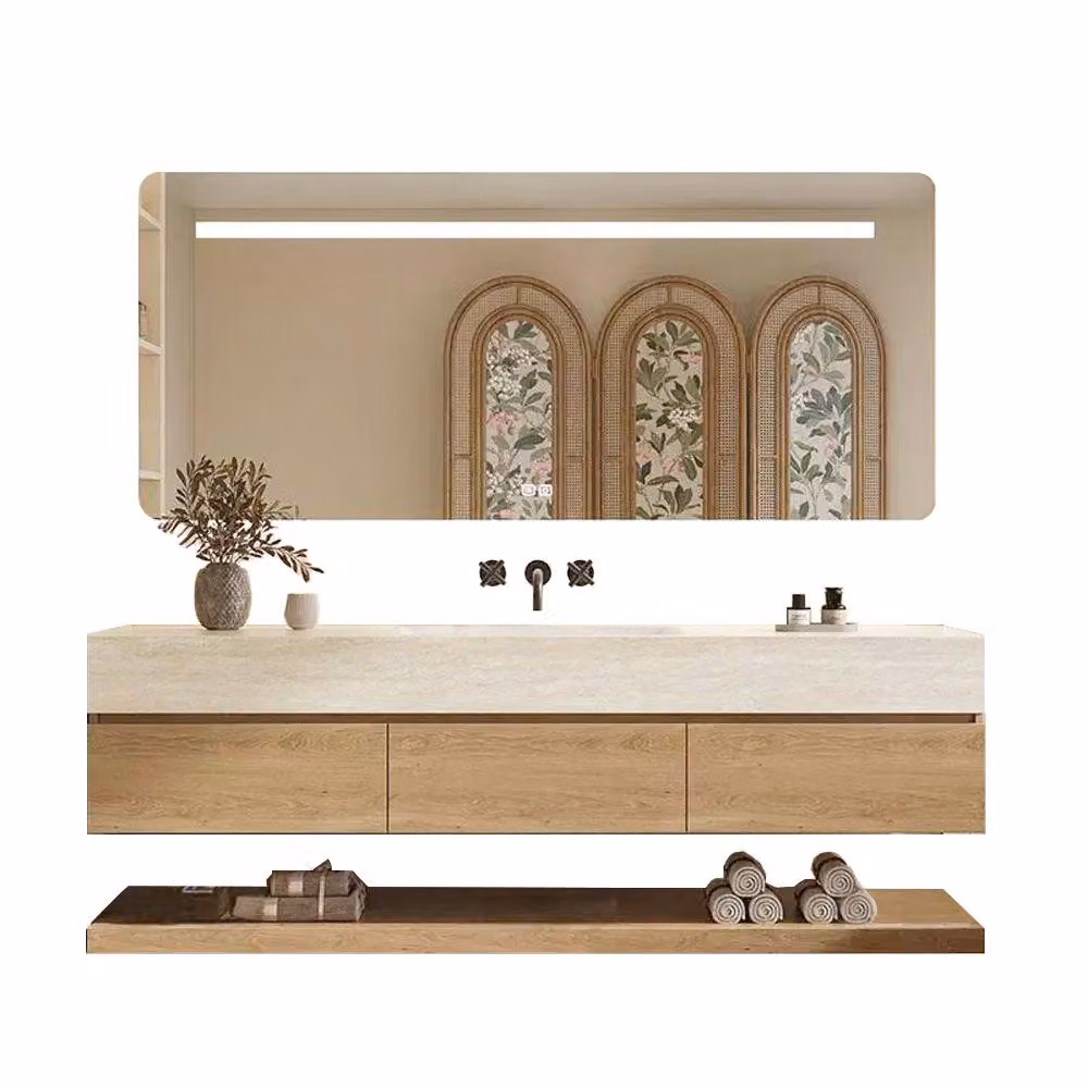 Set lavabo sospeso - Pietra sinterizzata - Effetto travertino, con specchio, mobile sottolavabo, ripiano e scarico, senza foro per rubinetteria 120×55 cm【YT9865-120 BKK】