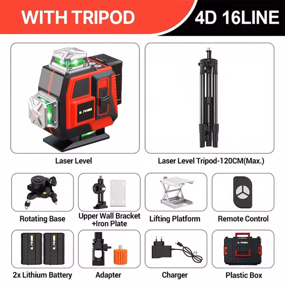 Livella laser - 4D con 16 linee - Automatica a 360° - Orizzontale e verticale - Raggio laser rosso - Accessori completi - Batteria inclusa
