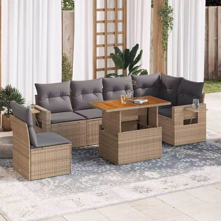 Set Divani da Giardino vidaXL 7 pz in Polyrattan con Cuscini Beige e Grigio e Tavolino da Esterno in Legno di Acacia