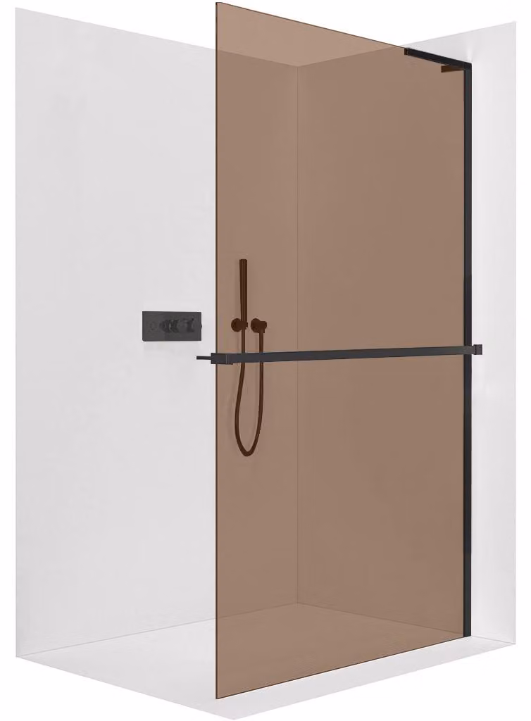 CERANO - Box doccia Walk-in Onyx con montante a L a destra - 8 mm + mensola/portasciugamani - nero opaco, vetro color bronzo - 60x200 cm