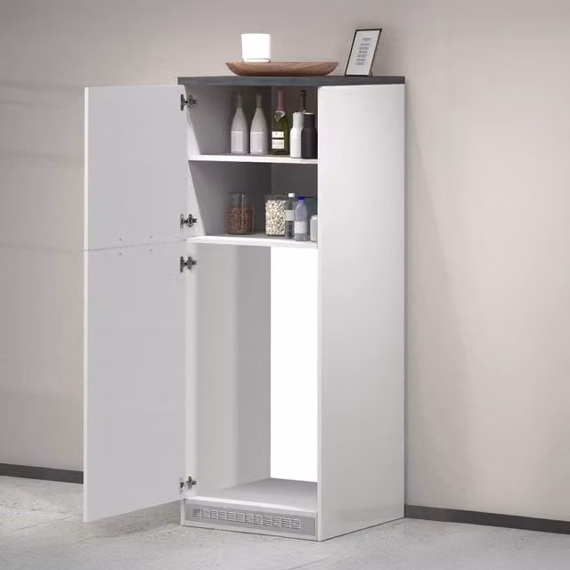 Dispensa da cucina Mesarthim DMORA, Mobile multiuso con vano porta frigo e 2 ante, Bianco lucido e Grigio, L: 60 cm, H: 165 cm – 1