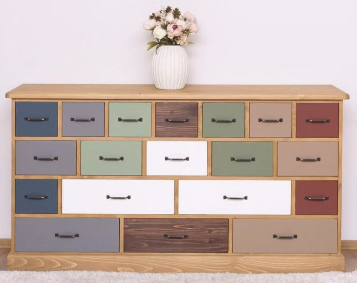 Casa Padrino cassettiera in stile country marrone chiaro / multicolore 180 x 48 x h. 95 cm - Mobile in legno massiccio con 19 cassetti - Mobili in stile country