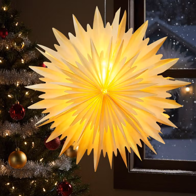 Stella di carta con illuminazione a LED, 42 cm, design tridimensionale, luce giallo caldo