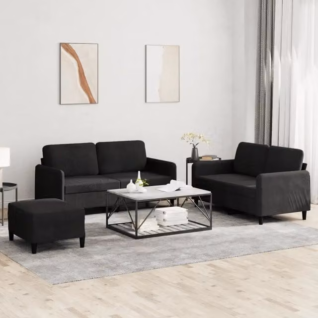 Set di divani 3 pezzi vidaXL in velluto nero con pouf e cuscini coordinati per il tuo soggiorno – 1