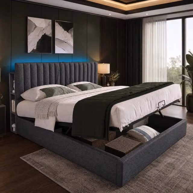 Letto imbottito 140x200 cm con contenitore; testiera LED App; USB e Type-C; grigio