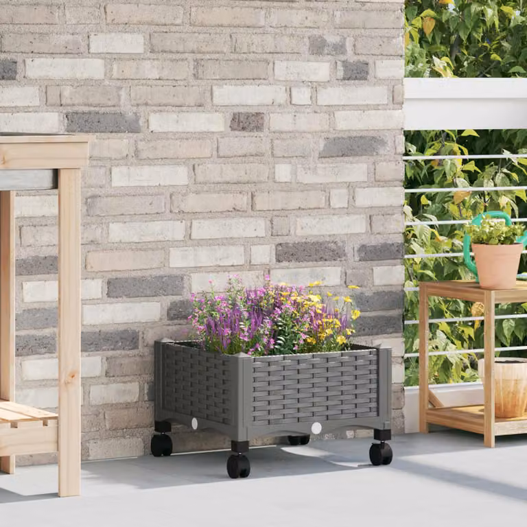 vidaXL Vaso da Giardino con Ruote in Plastica Grigio Chiaro L 40 cm x P 40 cm x H 29 cm