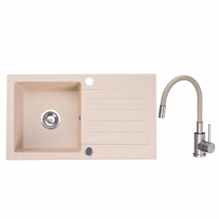 VBChome Lavello in granito 76 x 44 cm Beige con rubinetto flessibile Lavello da incasso a vasca singola Reversibile Speckled Lavello di facile manutenzione con sifone