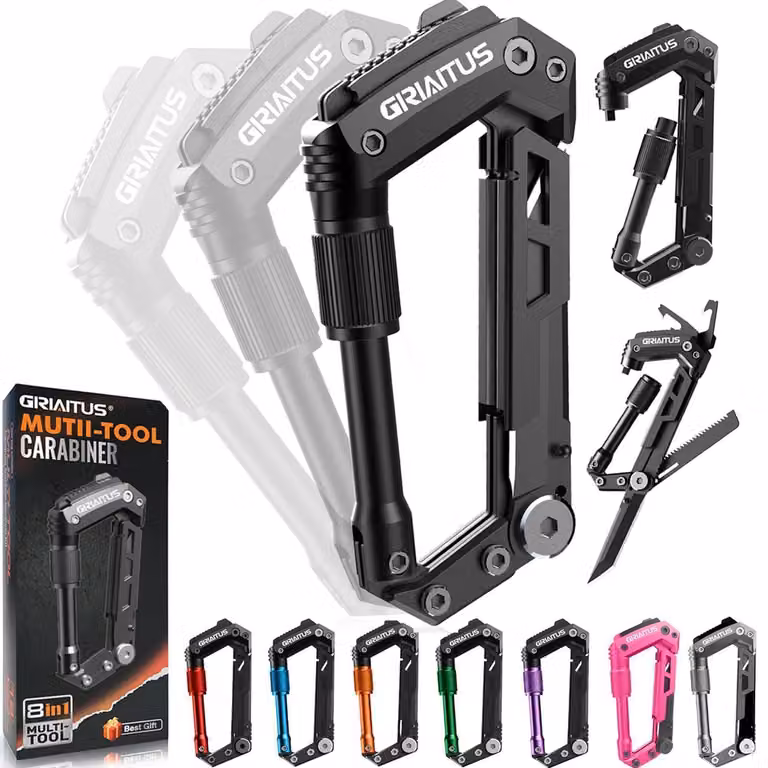 Karabiner multiuso 8-in-1 con coltello tascabile, accessori per campeggio, colore nero, acciaio inossidabile