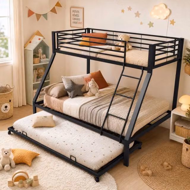Letto a castello in metallo 3 posti con letto estraibile nero