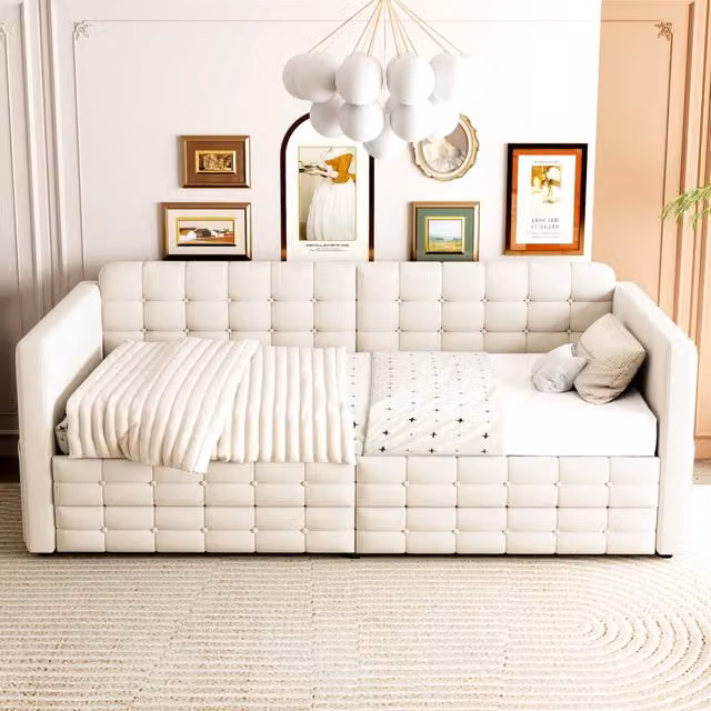 Letto da giorno 90x190cm - divano - letto - cassetti - tasche laterali - velluto - beige
