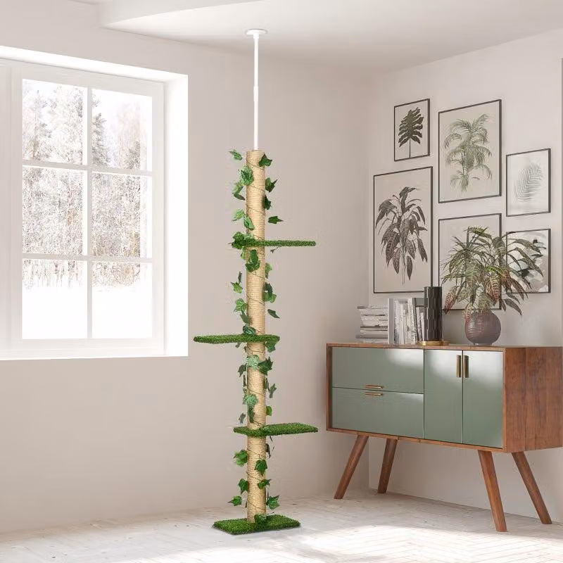Albero per graffiare regolabile da fissare al soffitto, per gatti | Colore: verde-giallo | Dimensioni: 37x21x202-242 cm