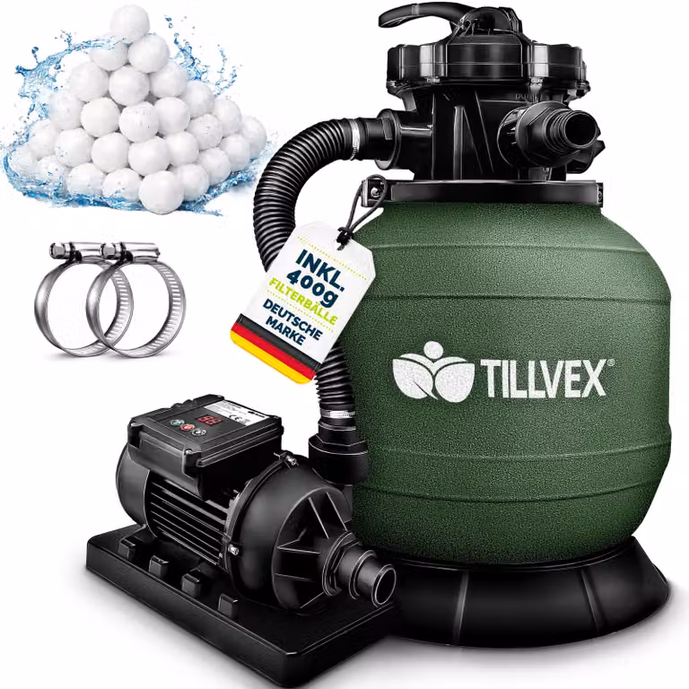 Impianto di filtrazione a sabbia tillvex® per piscina con timer 7.900 l/h, incl. 400 g di sfere filtranti | Impianto di filtrazione con valvola a 7 vie e adattatore 2 in 1 Ø 32 mm - 38 mm | Filtro per piscina con manometro | Filtro a sabbia per piscina ve