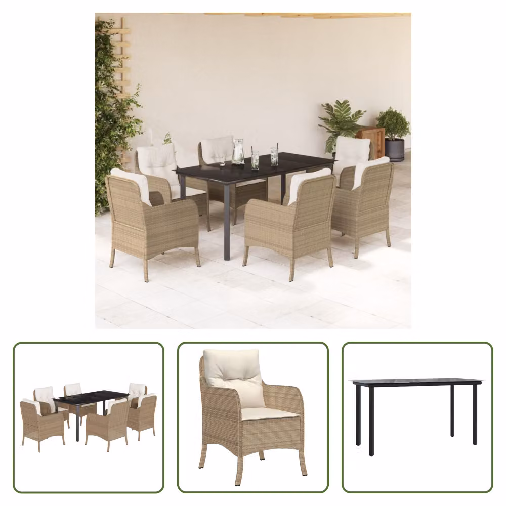 The Living Store Set da pranzo da giardino 7 pezzi con cuscini Beige poly rattan