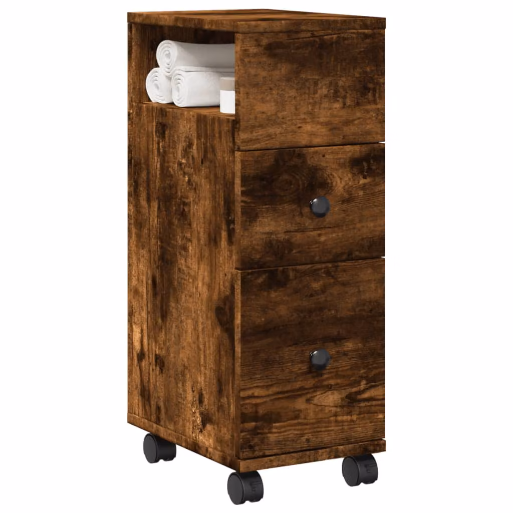 Mobile da bagno stretto con ruote vidaXL in legno Rovere Fumo, L: 20 cm, P: 23 cm, H: 65 cm