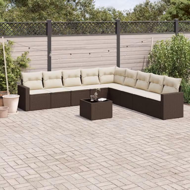 vidaXL Set Divani da Giardino a L con Polyrattan Marrone e Bianco, 10 Pezzi con Cuscini e Tavolino da Caffè in Vetro