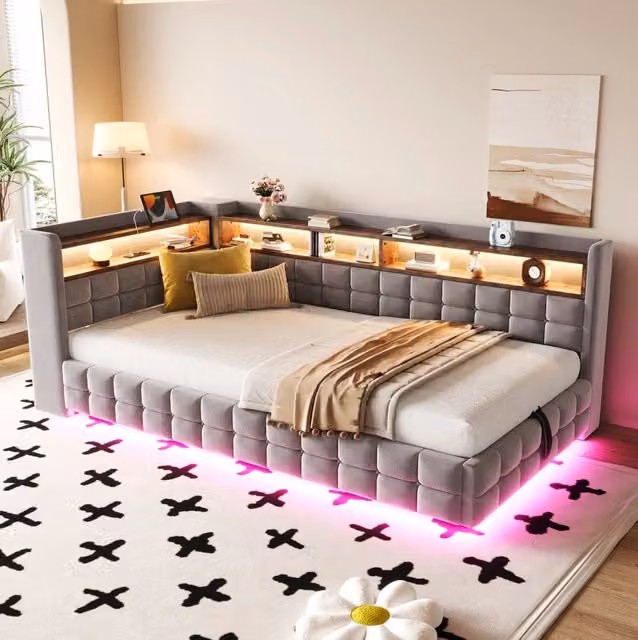 Letto da giorno imbottito ULEVR 90x200 cm con vano idraulico, LED, presa USB e Type-C, velluto grigio chiaro