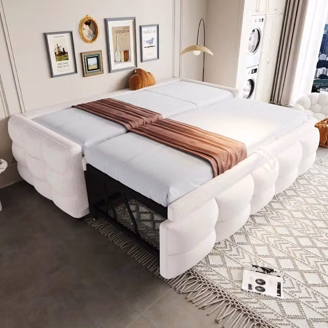 Letto Imbottito Estraibile in Velluto Teddy ¨C MINIMAL ¨C Singolo/Matrimoniale 90/180x190 cm con Doghe, Beige