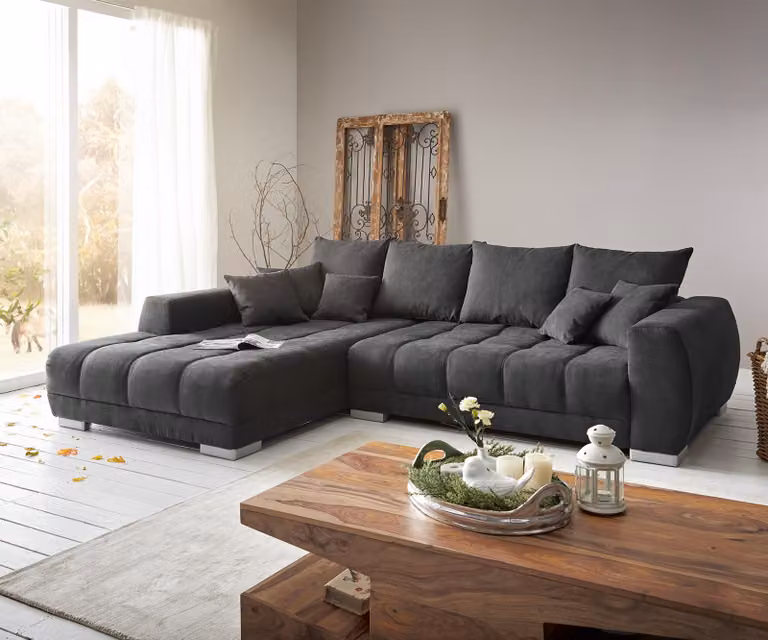 Divano angolare DELIFE Josea, 300x220 cm, microfibra, nero. Chaise longue a sinistra