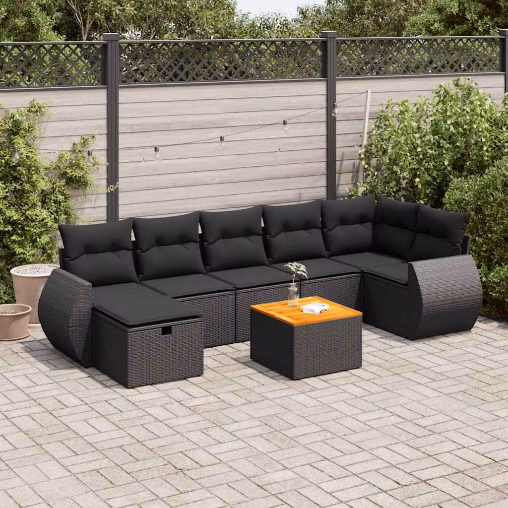 Set Divani da Giardino a L vidaXL in Polyrattan Nero con Cuscini e Tavolino da 8 Pezzi