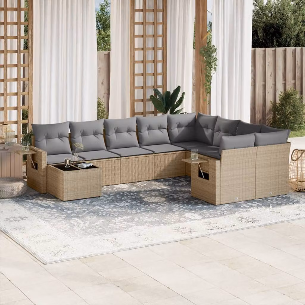 Set Divano da Giardino vidaXL 10 pz in Polyrattan con Cuscini Beige e Tavolino – 1
