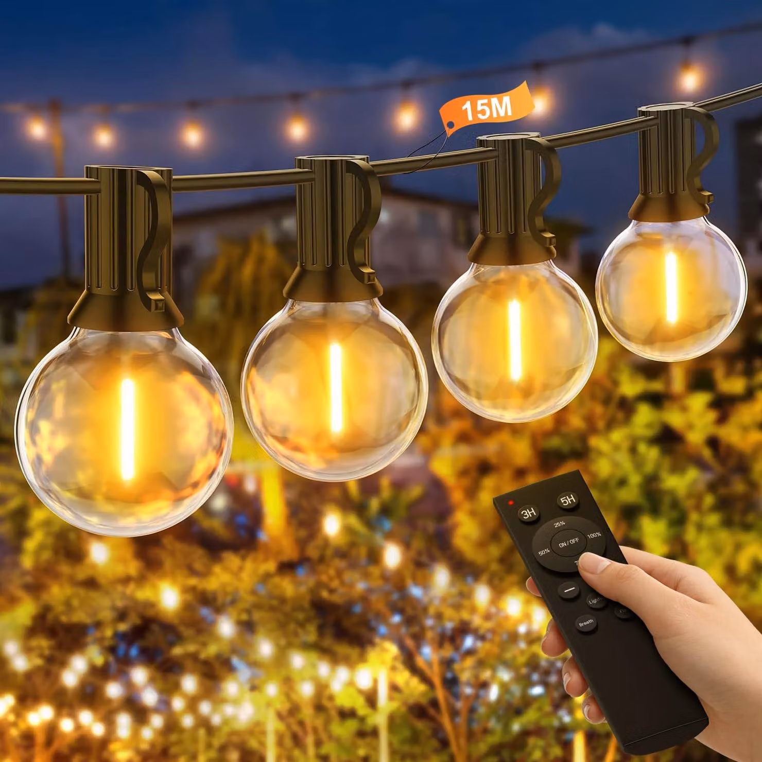 Catena luminosa a LED, 15 metri, dimmerabile, con telecomando, luce bianco caldo