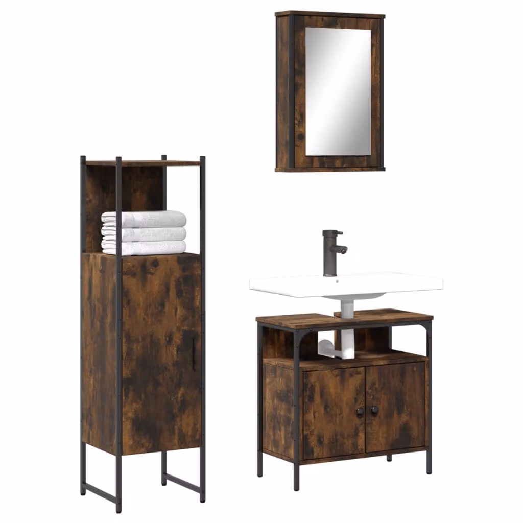 Set di mobili da bagno vidaXL 3 pezzi in legno rovere fumo con mobile lavabo, armadietto con specchio e colonna alta, stile industriale, colore marrone