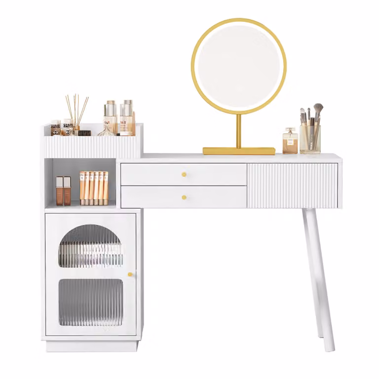 Set da toeletta con specchio a LED e illuminazione a 3 colori, toletta in legno con 3 cassetti e mobile laterale, struttura estraibile (senza sgabello), bianco, 120 cm, 40 cm, 90 cm, pannello truciolare