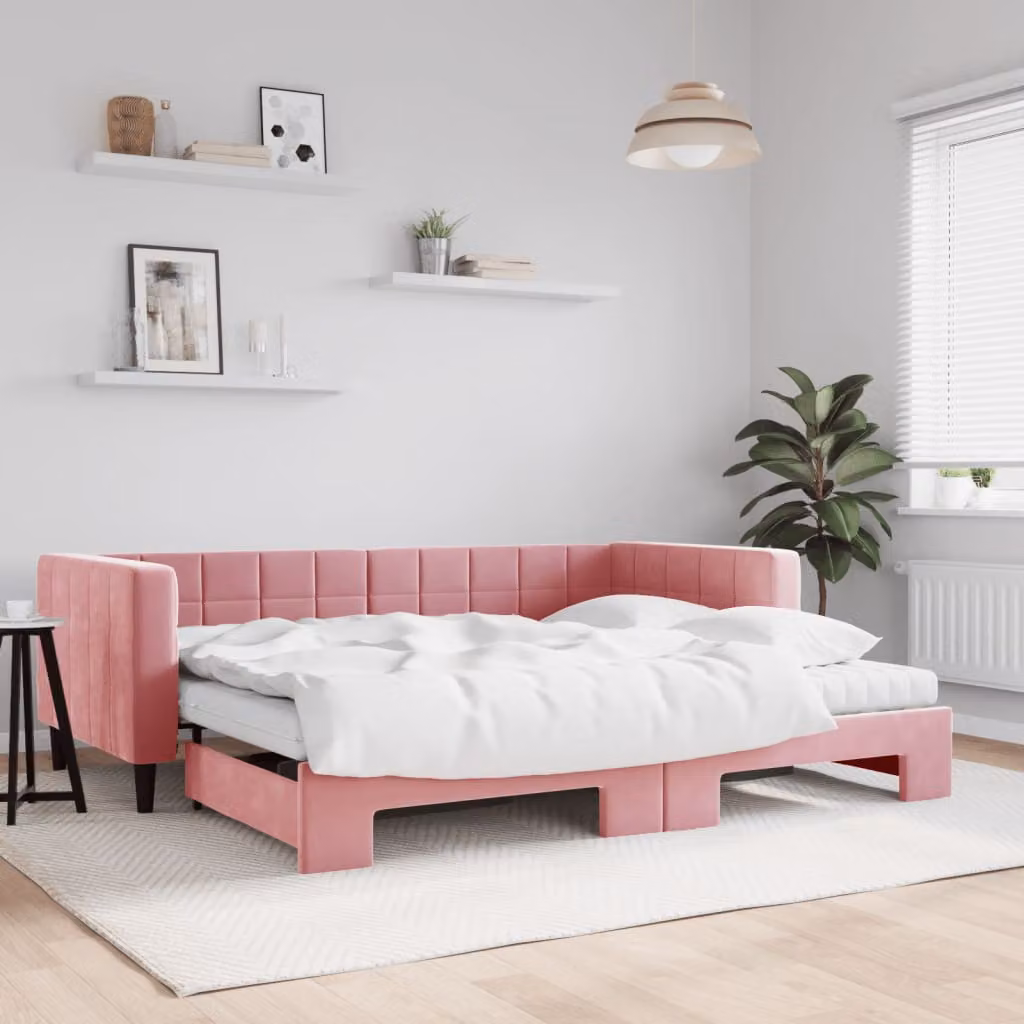 vidaXL Divano Letto Estraibile in Velluto Rosa con Materassi L/P/H: 200 x 90 x 68 cm