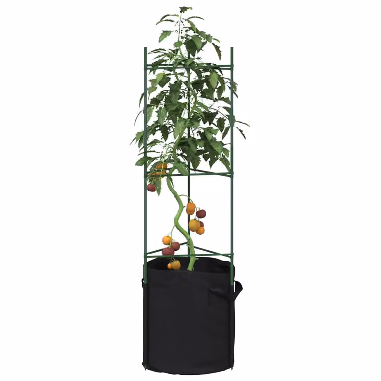Set di 2 supporti per pomodori con sacchetti vidaXL in acciaio e plastica, colore verde e nero, Altezza: 116 cm