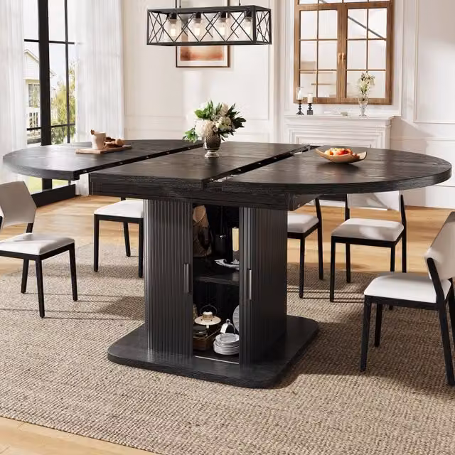 Tavolo da pranzo allungabile con ante scorrevoli e ripiano estraibile, per sala da pranzo, nero, in MDF e metallo
