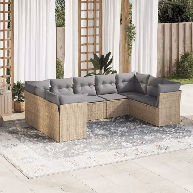 Set Divano da Giardino a L VIDAXL in Polyrattan con Cuscini Beige e Grigio, 9 Pezzi – 1