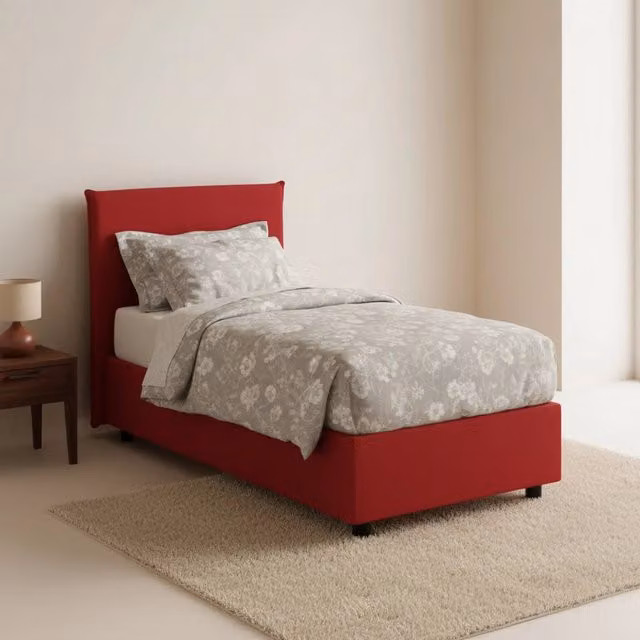 Letto singolo contenitore Alison di Talamo Italia con materasso incluso, rivestimento in tessuto rosso, apertura frontale