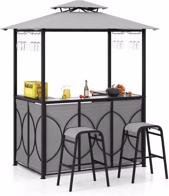 Set Bar da Patio a 3 Pezzi, Gazebo per Griglia e 2 Sgabelli da Bar con Tavolo in Vetro Temperato, Ripiani in Metallo, Portabicchieri, per Giardino Cortile e Spiaggia (Grigio)