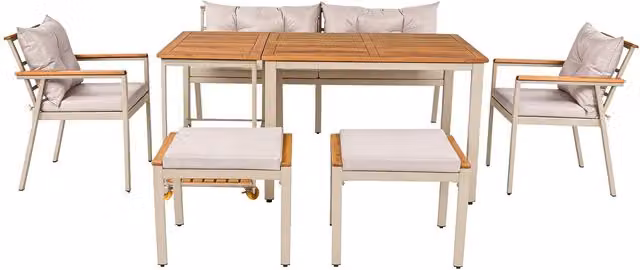 Set da giardino GL Store per 7 persone in legno di acacia con tavolo rettangolare, poltrone imbottite e carrello portavivande rimovibile, Beige e Multicolore