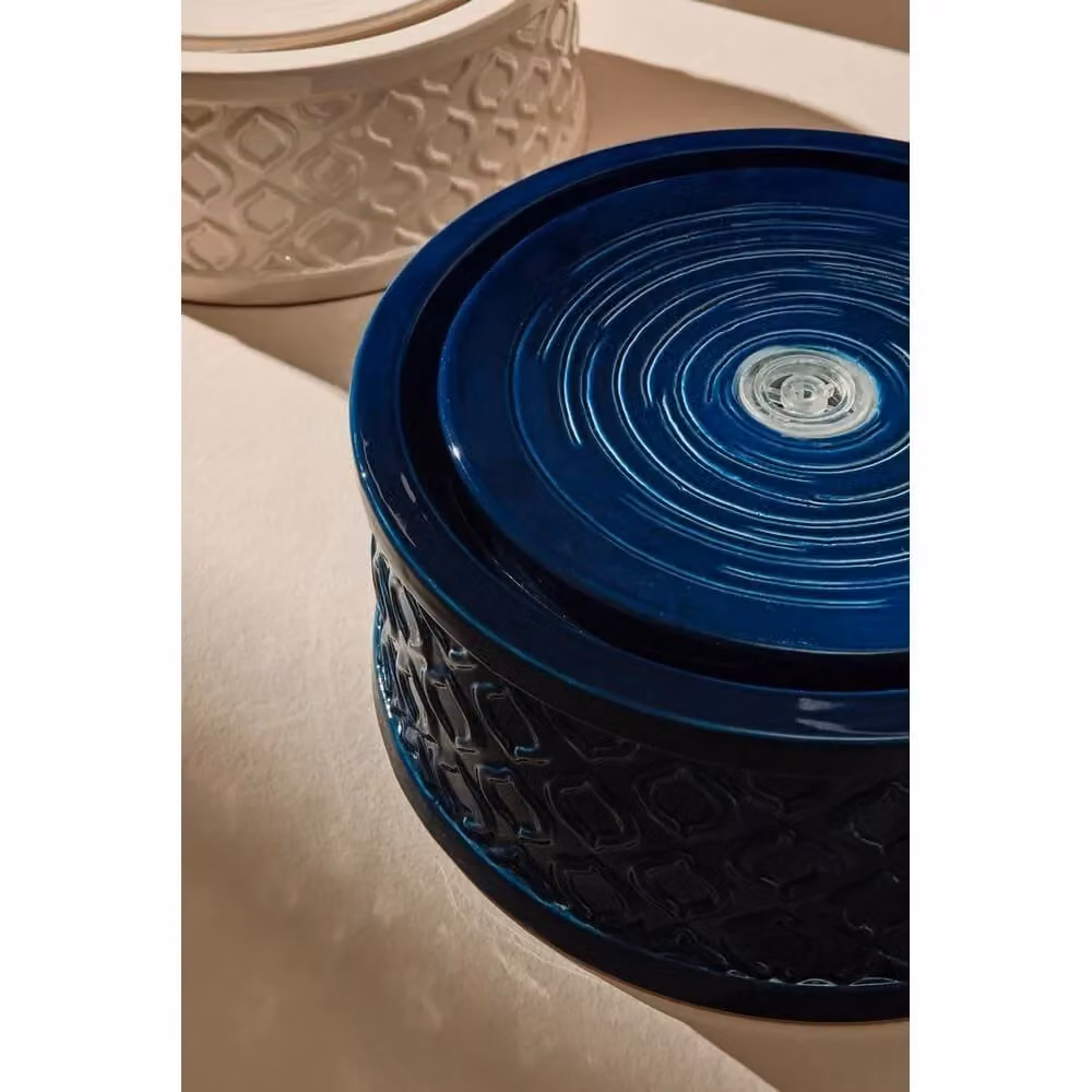 Fontana da tavolo LYSA in ceramica blu con LED, design moderno e rotondo, H: 33,5 cm – 2