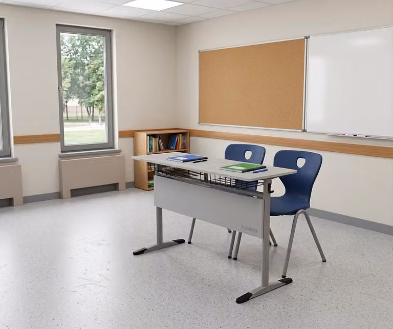 Set scolastico moderno ed ergonomico: scrivania grigia e sedia blu a due posti