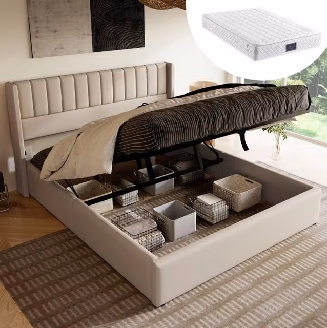 Letto contenitore idraulico beige 160x200 cm