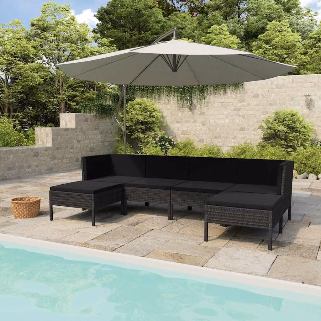 Set di Divani da Giardino vidaXL 6 pz con Cuscini, Design Moderno a L in Polyrattan Nero e Struttura in Acciaio – 1