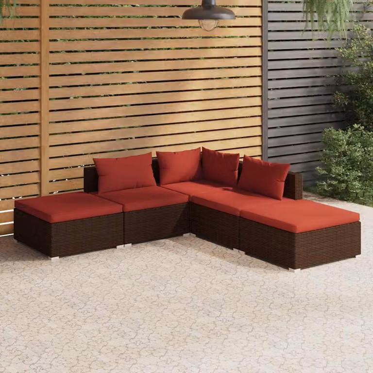 Set di divani da giardino vidaXL 5 pezzi in rattan marrone con cuscini imbottiti e struttura in metallo