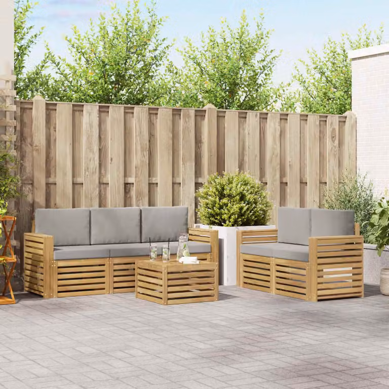 Set di divani da esterno a L vidaXL in legno di acacia con tavolino da caffè, 6 pezzi, Bianco e Grigio